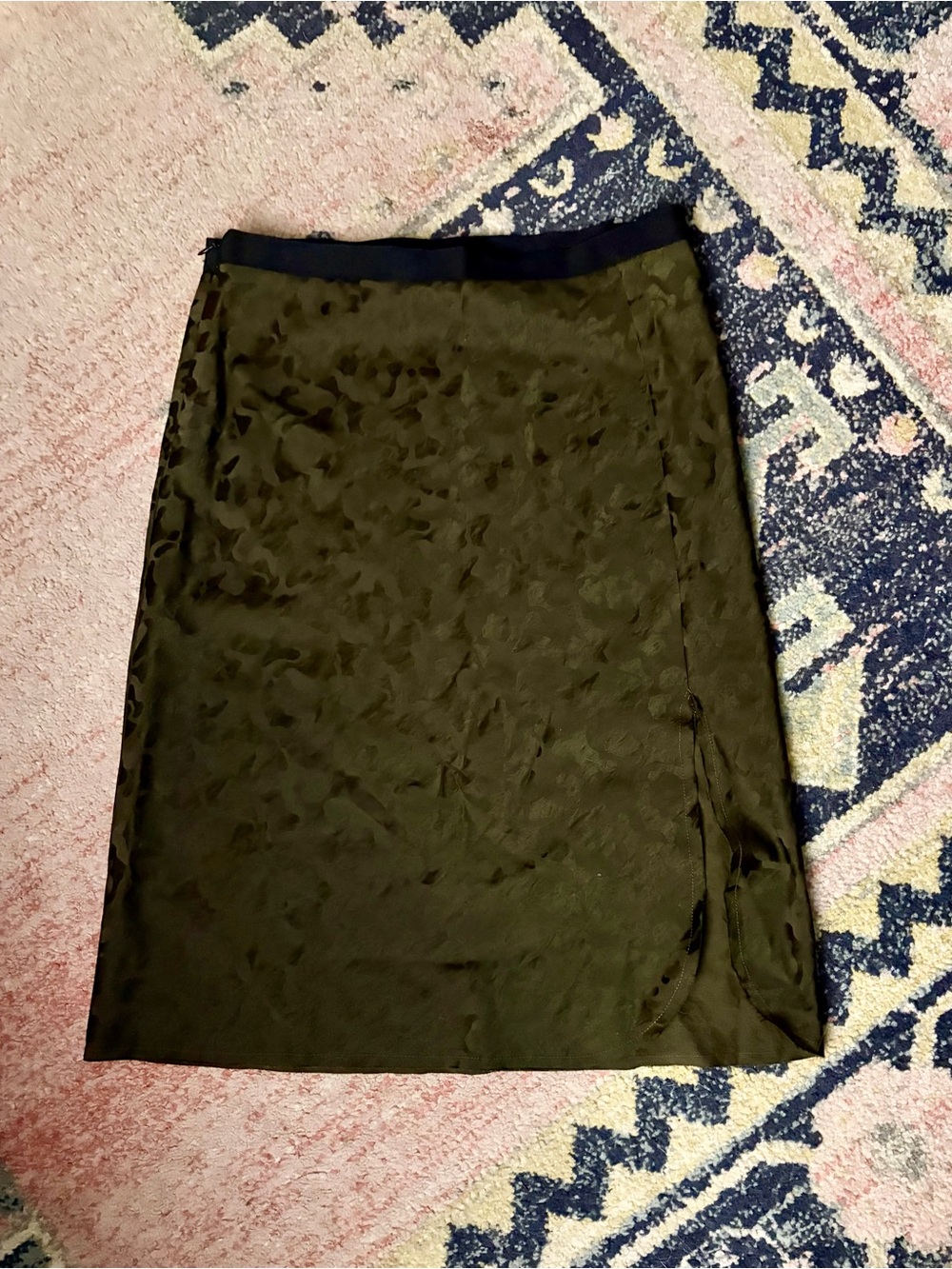 Nili Lotan Olive Satin Pencil Skirt with Black Waistband